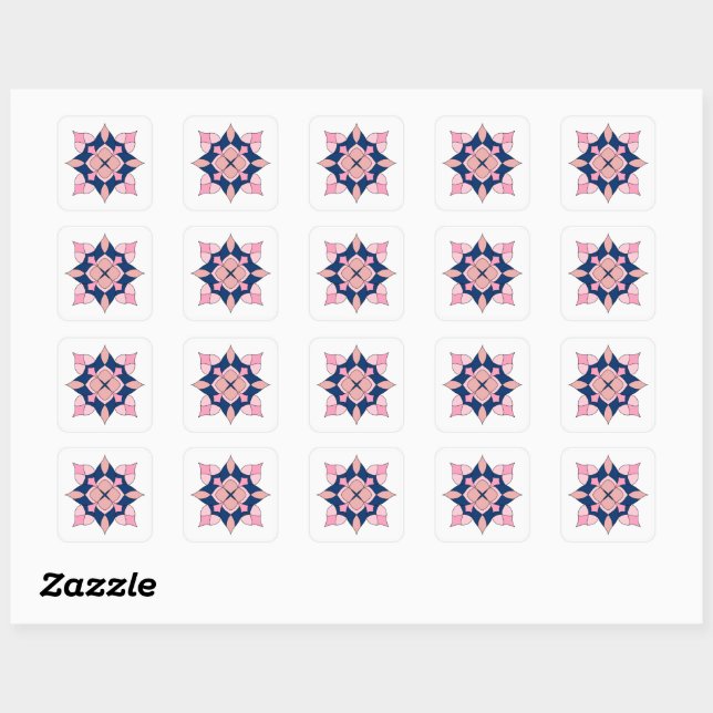 Blush Pink and Navy Geometric Floral Tiles Square Sticker (Sheet)