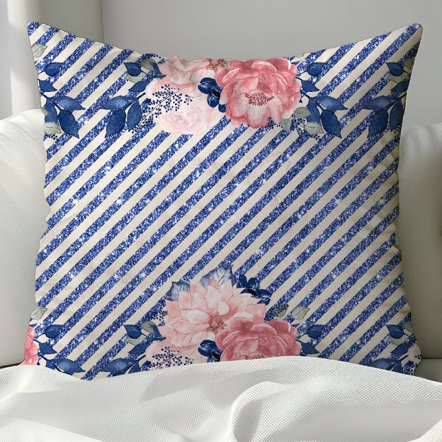 Blush Pink and Navy Glitter Stripes Floral Cushion (Creator Uploaded)