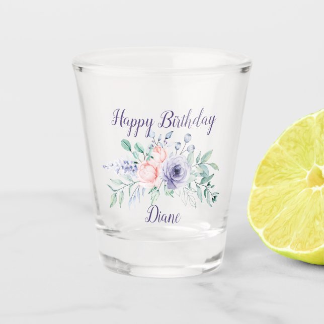 Blush Pink and Purple Floral Special Occasion Shot Glass (Front)