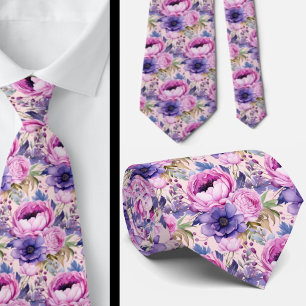 Blush Pink and Purple Violet Flowers Floral Tie