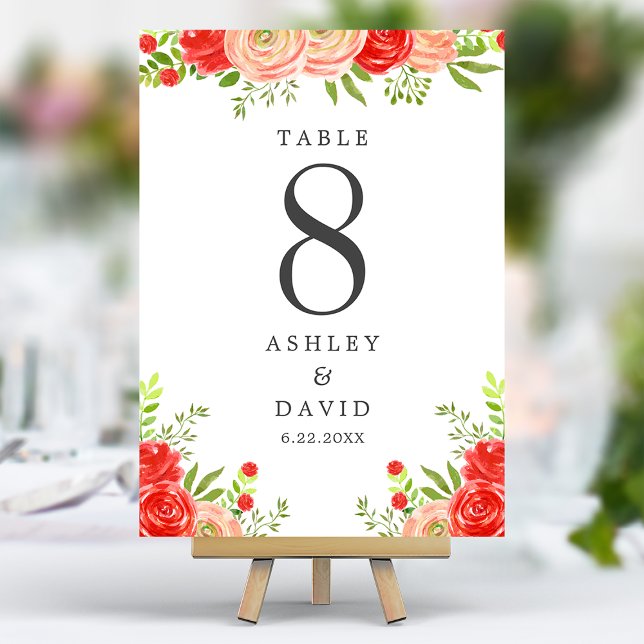 Blush Pink And Red Floral Elegant Wedding Table Number (Creator Uploaded)