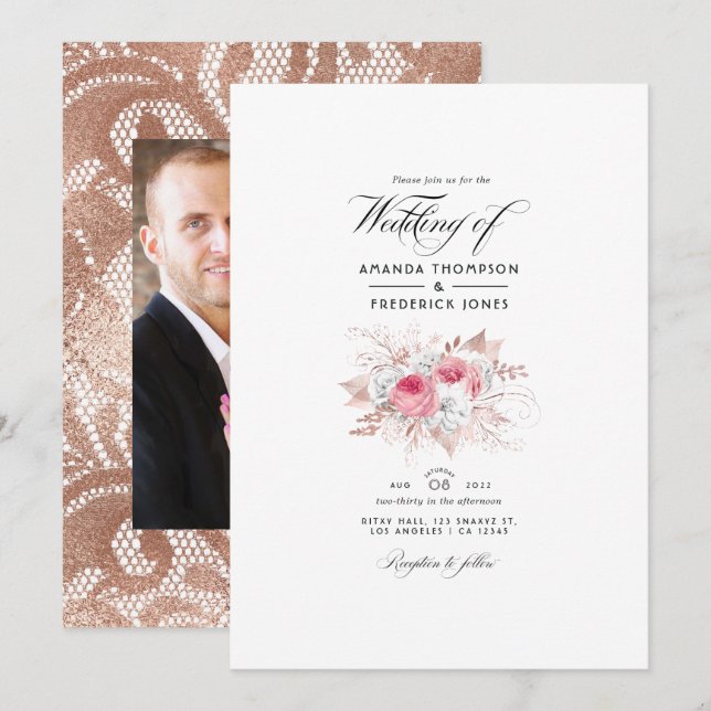 Blush Pink and Rose Gold Floral and Lace Wedding I Invitation (Front/Back)