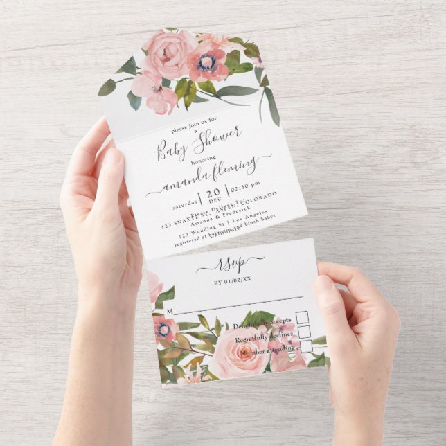 Blush Pink and Rose Gold Floral Baby Shower All In One Invitation (Tearaway)