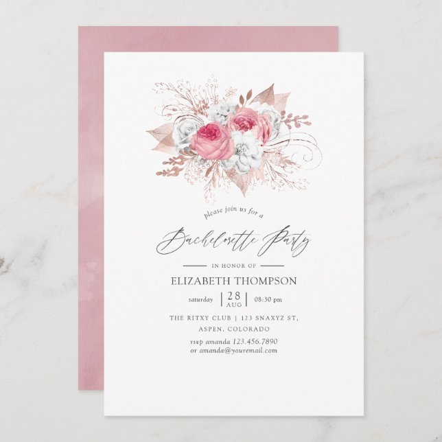 Blush Pink and Rose Gold Floral Bachelorette Party Invitation (Front/Back)