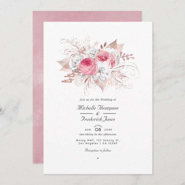 Blush Pink and Rose Gold Floral QR Code Wedding Invitation (Front/Back)