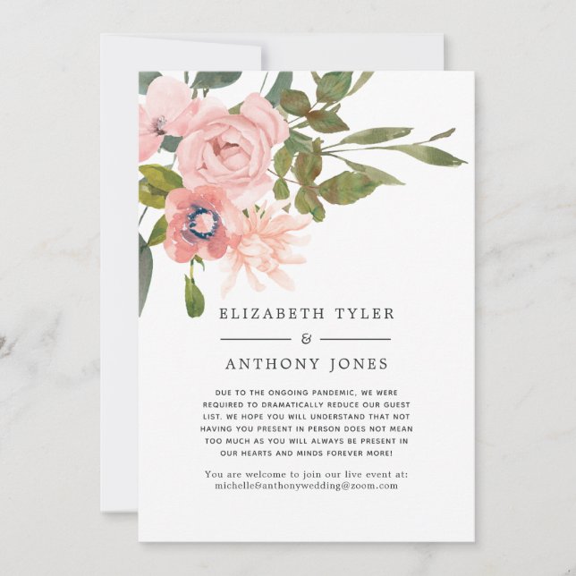 Blush Pink and Rose Gold Floral Reduced Guest List Announcement (Front)