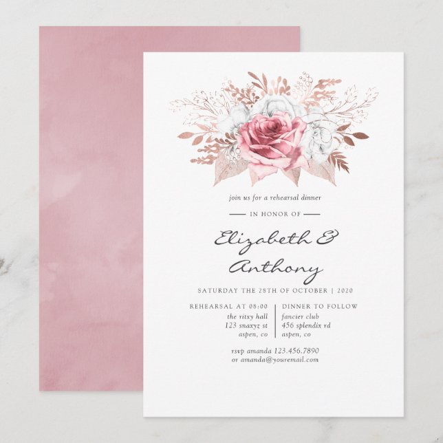 Blush Pink and Rose Gold Floral Rehearsal Dinner Invitation (Front/Back)