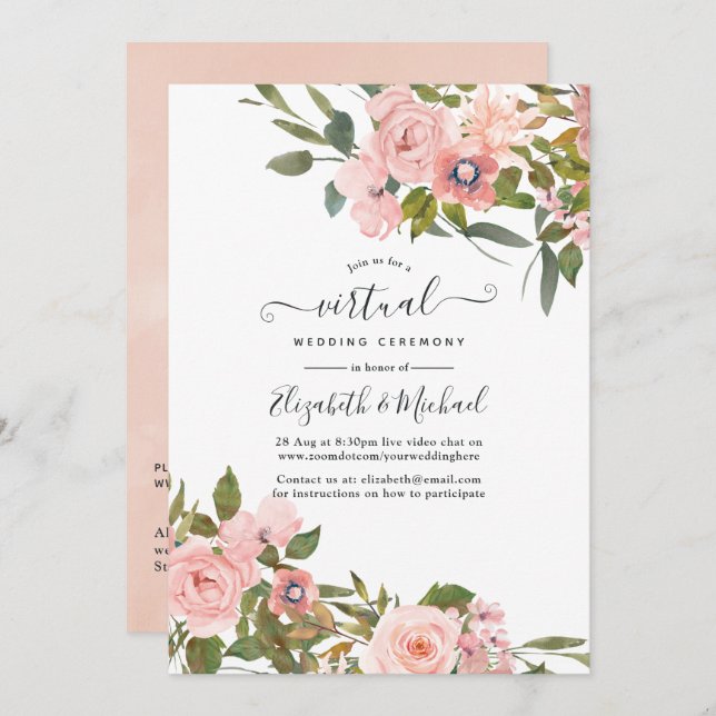 Blush Pink and Rose Gold Floral Virtual Wedding Invitation (Front/Back)
