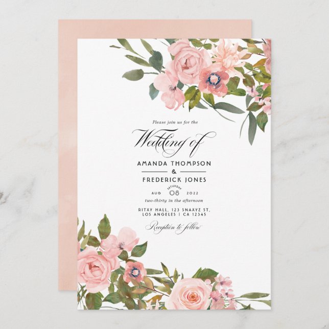 Blush Pink and Rose Gold Floral Wedding Photo Invitation (Front/Back)