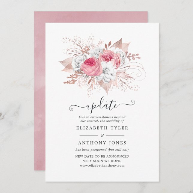 Blush Pink and Rose Gold Floral Wedding Update Invitation (Front/Back)