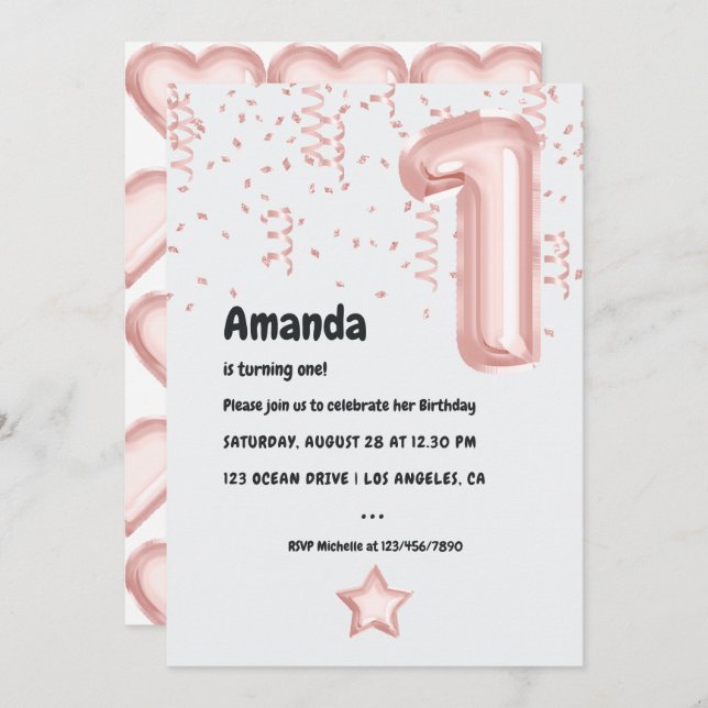 Blush Pink and Rose Gold Foil Balloon 1st Birthday Invitation (Front/Back)
