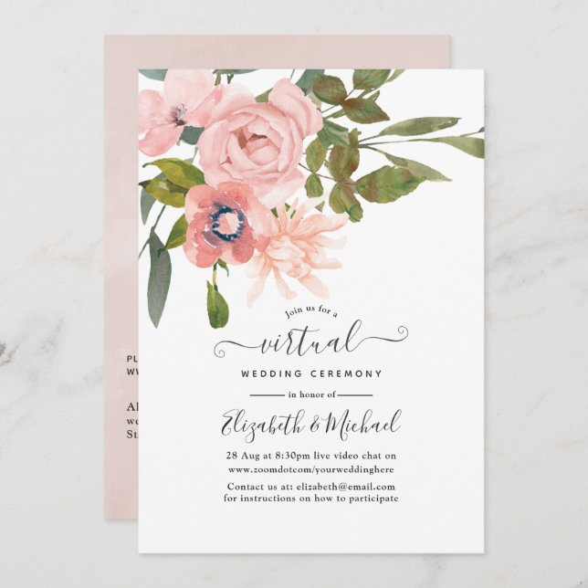 Blush Pink and Rose Gold Online Virtual Wedding Invitation (Front/Back)