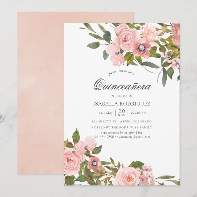 Blush Pink and Rose Gold Roses Quinceañera Invitation (Front/Back)