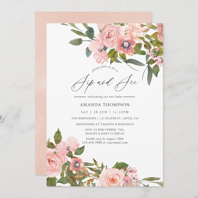 Blush Pink and Rose Gold Roses Sip and See Invitation (Front/Back)