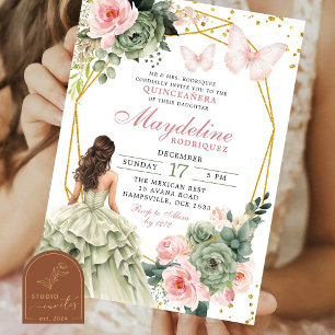 Blush Pink and Sage Green Floral Mexican Princess Invitation