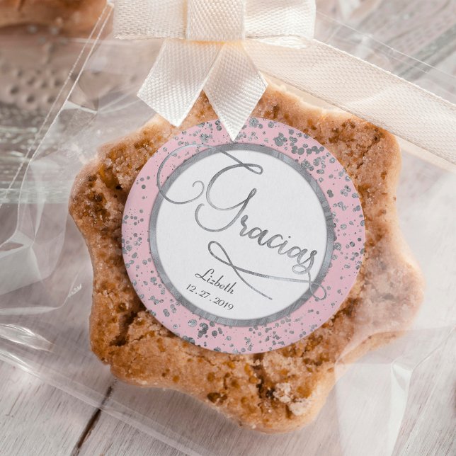 Blush Pink and Silver Confetti Trendy Gracias Square Sticker (Creator Uploaded)