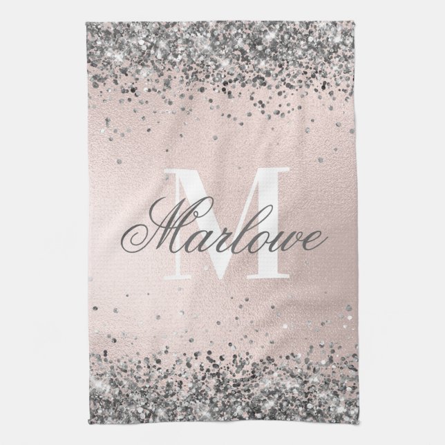 Blush Pink and Silver Glitter Monogram Tea Towel (Vertical)