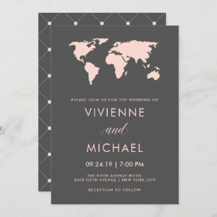 Blush Pink and Smoky Grey   World Map Wedding Invitation