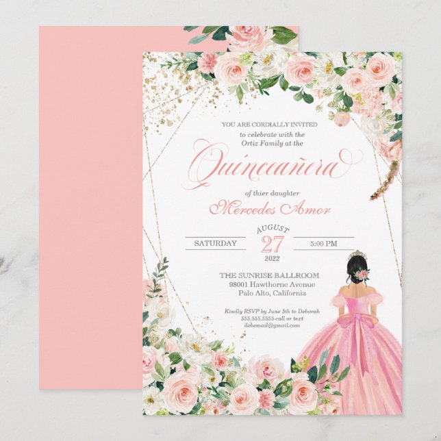 Blush Pink and White Beautiful Floral Quinceanera Invitation (Front/Back)