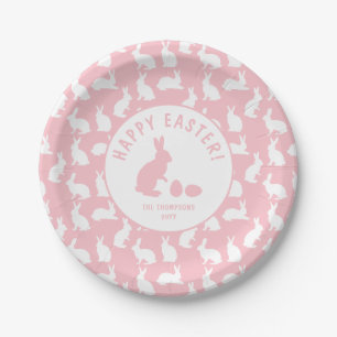 Blush Pink And White Bunny Pattern Happy Easter Paper Plate