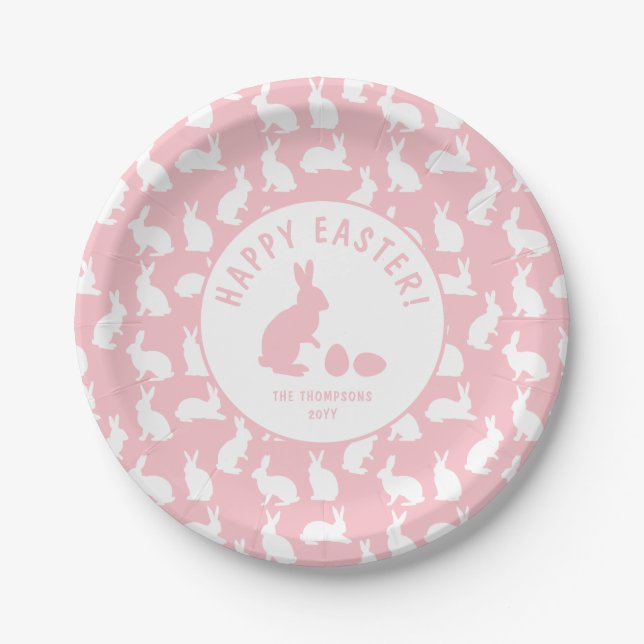 Blush Pink And White Bunny Pattern Happy Easter Paper Plate (Front)