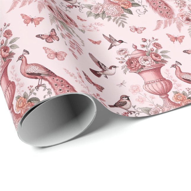 Blush Pink and White Chinoiserie Toile Pattern Wrapping Paper (Roll Corner)