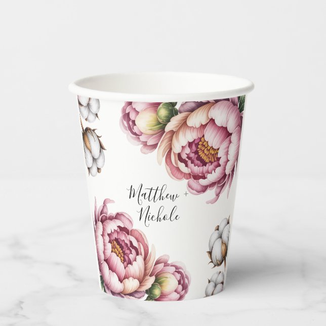 Blush Pink and White Cotton Wedding Paper Cups (Front)