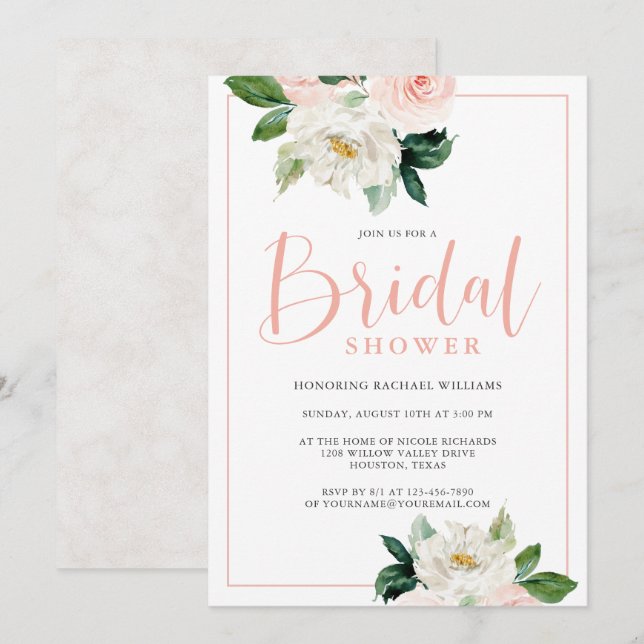 Blush Pink and White Feminine Floral Bridal Shower Invitation (Front/Back)