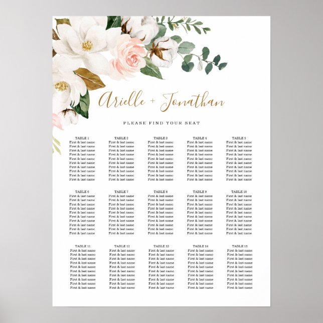 Blush Pink and White Floral Wedding Seating Chart (Front)