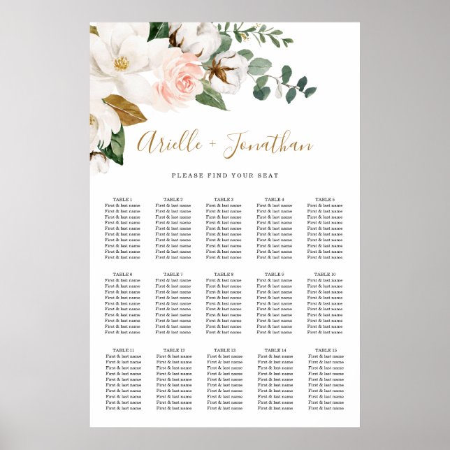 Blush Pink and White Floral Wedding Seating Chart (Front)