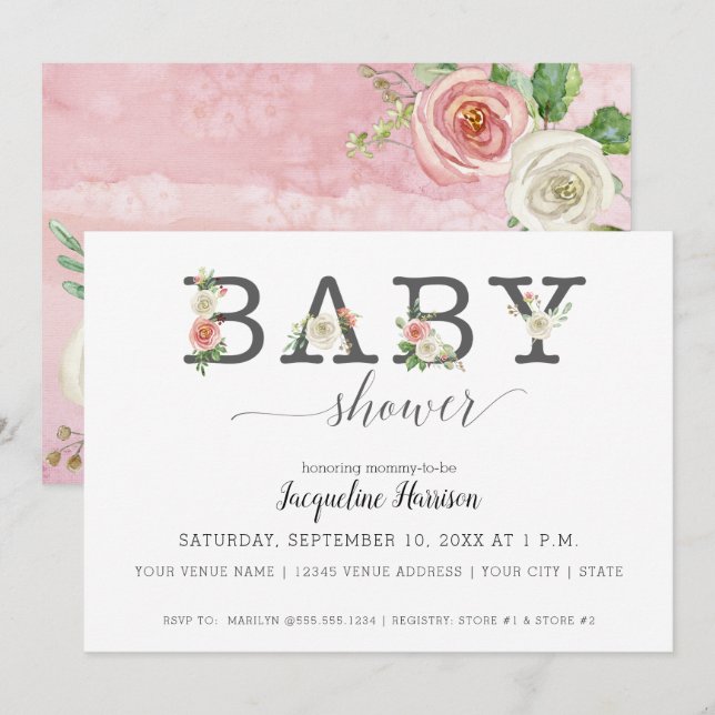 Blush Pink and White Florals | Girl Baby Shower Invitation (Front/Back)
