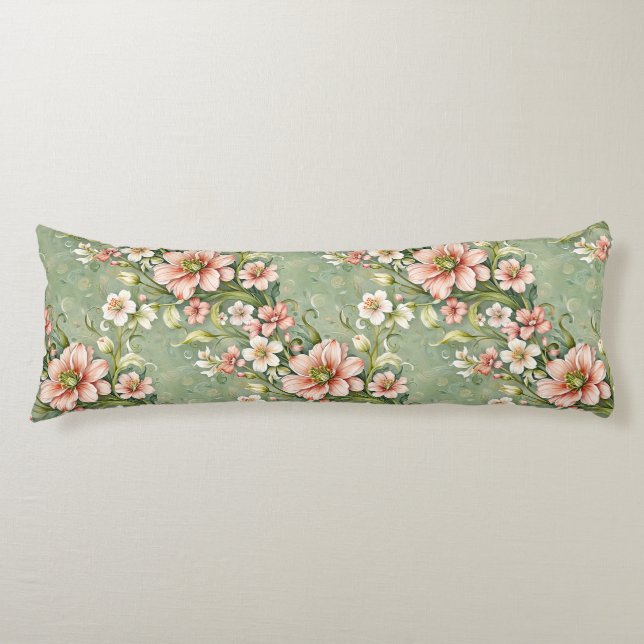 Blush Pink and White Flowers on Sage Body Cushion (Front)