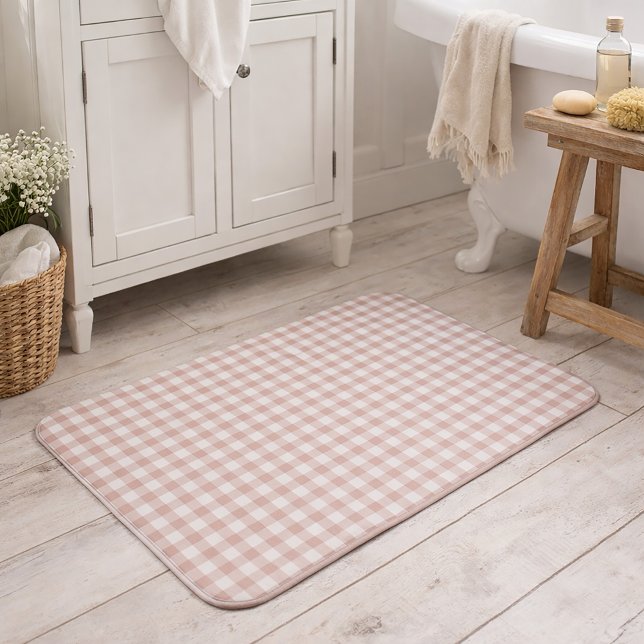 Blush Pink and White Gingham Plaid Pattern Bath Mat (A pink and white gingham plaid bath mat.)
