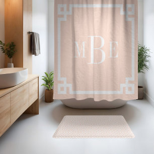 Blush Pink and White Greek Key Monogrammed Shower Curtain