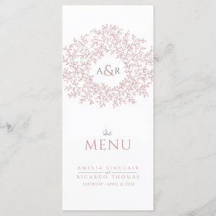 Blush pink and white leaf drawing monogram wedding menu