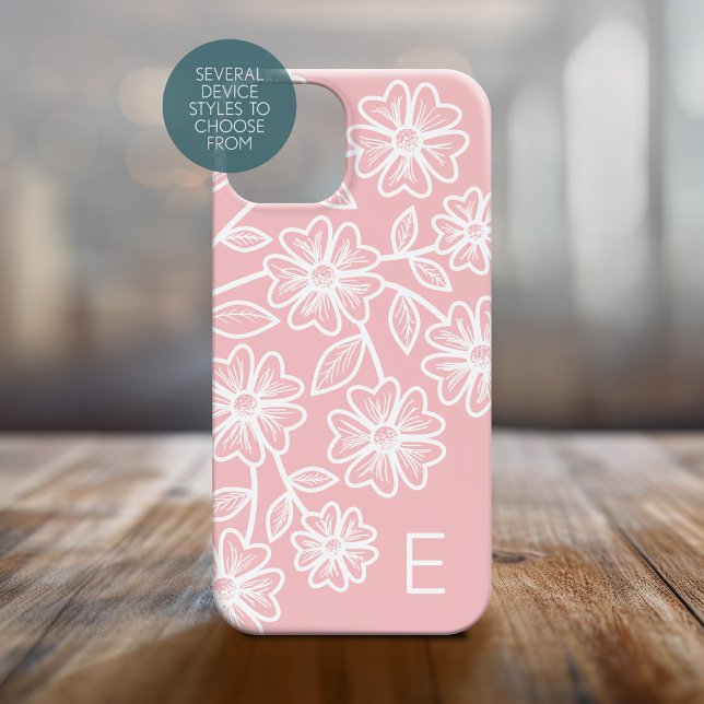 Blush Pink and White Line Drawing Floral Pattern Case-Mate iPhone Case (Personalized Phone Case with Custom Text and Trendy Design)