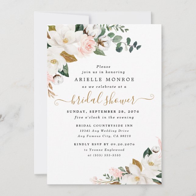 Blush Pink and White Magnolia Floral Bridal Shower Invitation (Front)