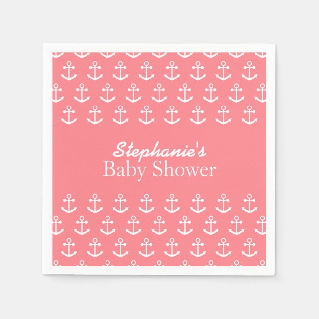 Blush Pink and White Nautical Anchor Baby Shower Napkin (Front)