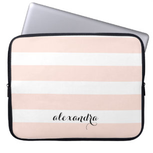 Blush Pink and White Stripes   Name in Calligraphy Laptop Sleeve