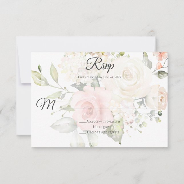 Blush Pink and White Watercolor Roses Wedding | RSVP Card (Front)