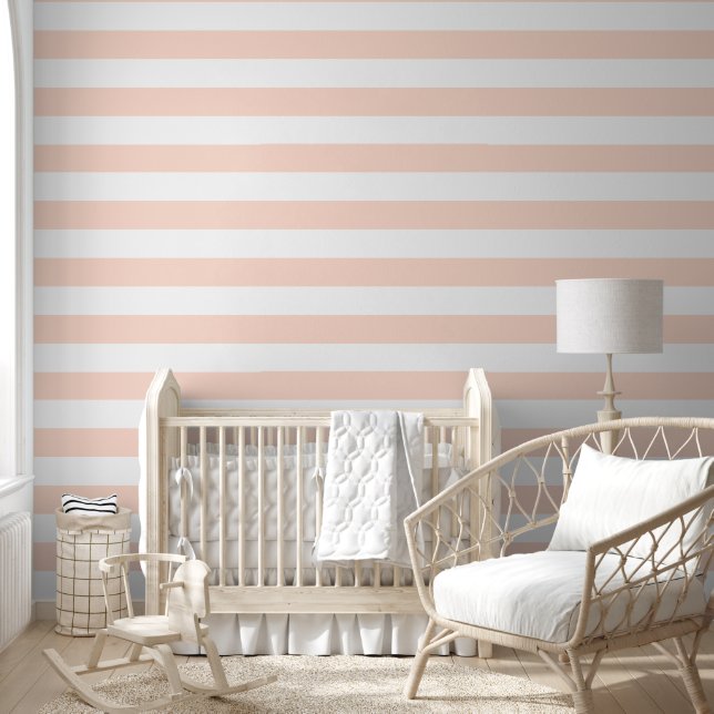 Blush Pink and White Wide Horizontal Stripes Wallpaper (Kids)