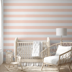 Blush Pink and White Wide Horizontal Stripes Wallpaper