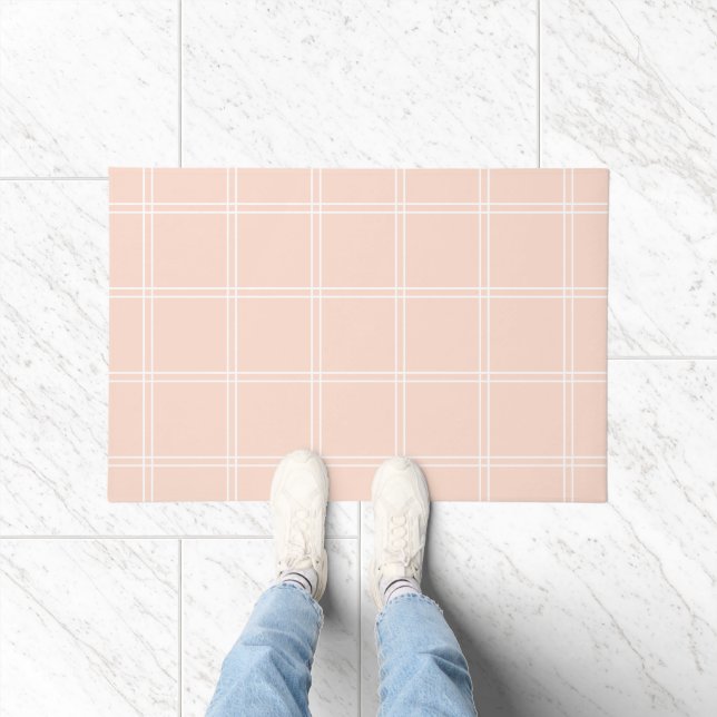 Blush Pink and White Windowpane Check Doormat (Indoor)