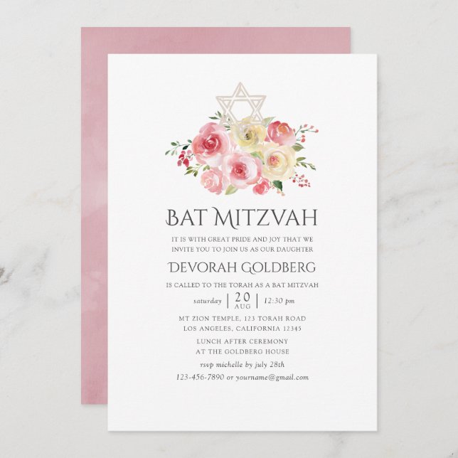 Blush Pink and Yellow Floral Bat Mitzvah Invitation (Front/Back)