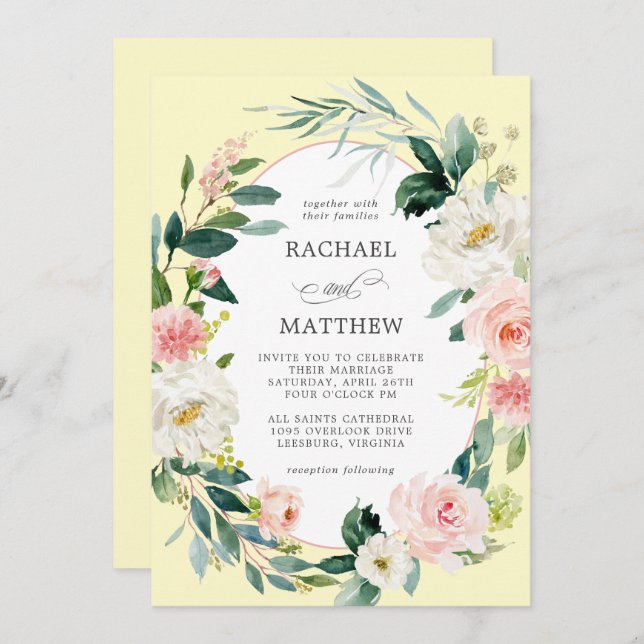 Blush Pink and Yellow Watercolor Floral Wedding Invitation (Front/Back)