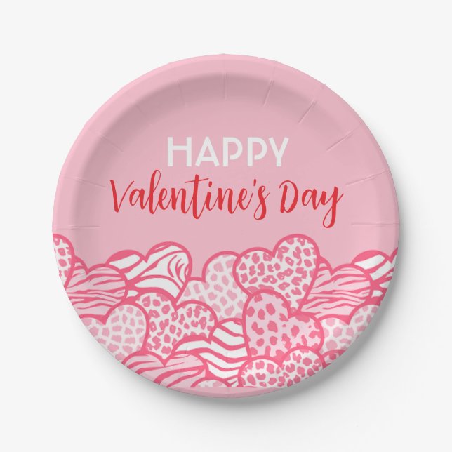 Blush Pink Animal Print Heart Valentines Day Party Paper Plate (Front)