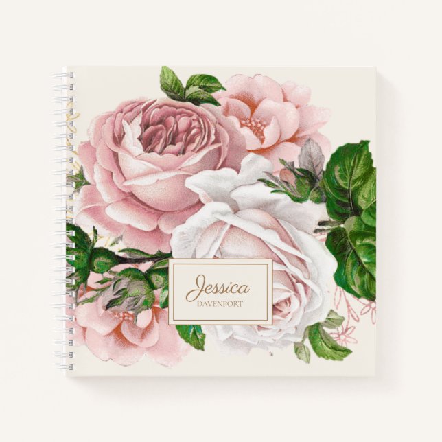Blush Pink Antique Floral Cream College Ruled Notebook (Front)