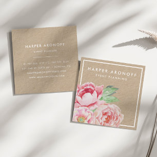Blush Pink Antique Peony   Kraft Square Business Card