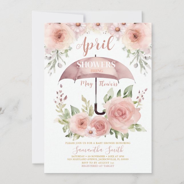 Blush Pink April Showers Bring May Flower Umbrella Invitation (Front)