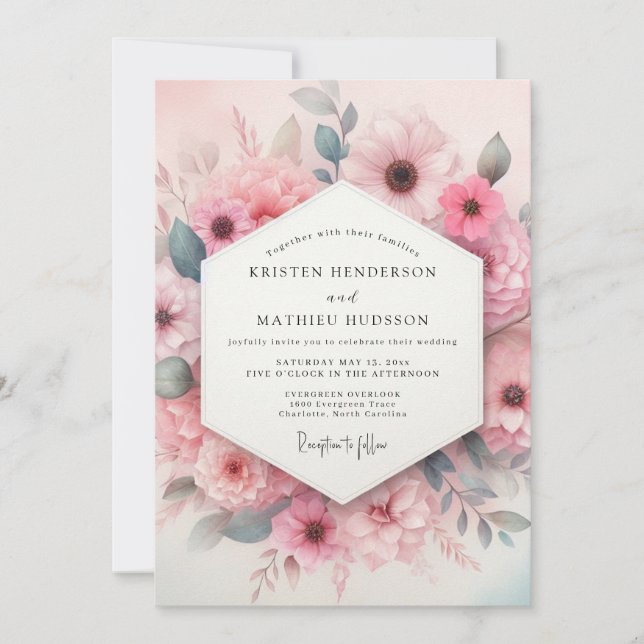 Blush Pink Aquarelle Bloom Wedding Invitation (Front)